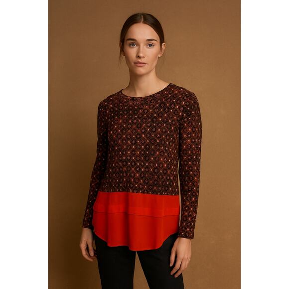 Michael Kors Geometric Print Layered Blouse Sweater Top M Red Orange Mix - Picture 1 of 9